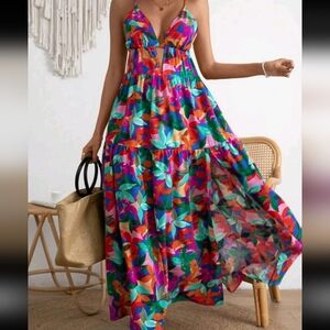 Breezaya Allover Floral Print Split Thigh Cami Dress Maxi Vacation Beach Outfits